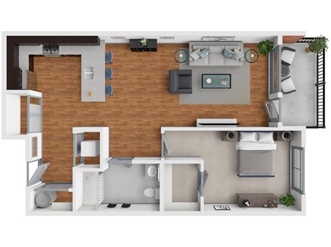 A 3D floor plan of a house with a kitchen, living room, and bathroom.